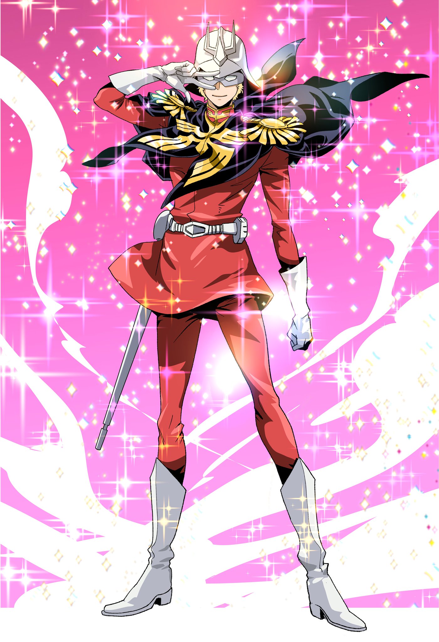 1boy, belt, blonde_hair, capelet, char_aznable, epaulettes, gloves, gundam, gundam_gquuuuuux, helmet, highres, jacket, looking_at_viewer, male_focus, mask, military, military_uniform, nyan_co3, red_jacket, sail, short_hair, smile, zeon