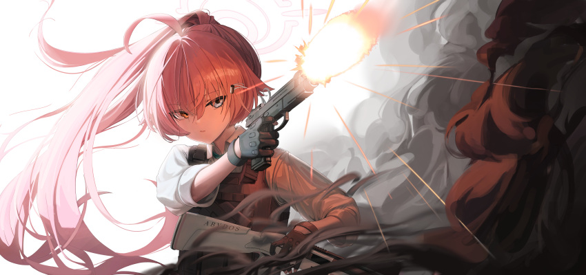 1girl, absurdres, arm_across_chest, asymmetrical_dual_wielding, beretta_1301, beretta_92, black_gloves, blue_archive