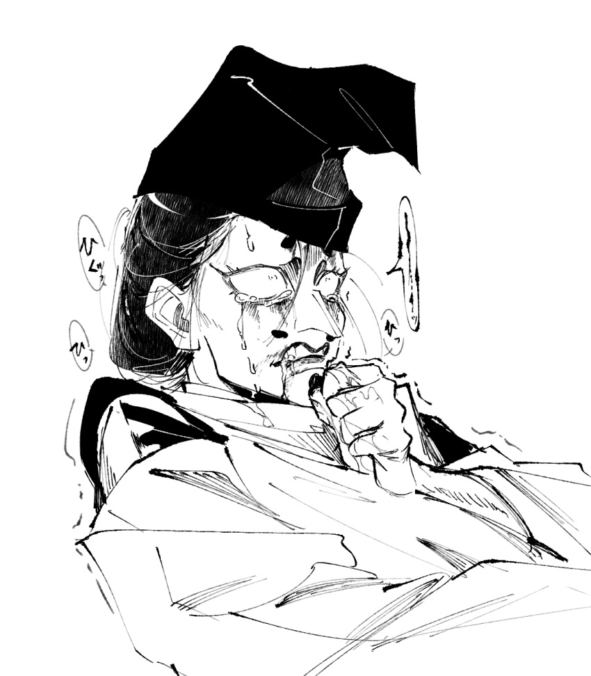 1boy, black_hair, clenched_hand, clenched_teeth, crying, crying_with_eyes_open, eyelashes, facial_hair