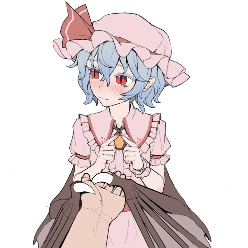 1boy, 1girl, averting_eyes, bat_wings, blue_hair, blush, center_frills, closed_mouth, collared_shirt, cowboy_shot, frilled_shirt_collar, frills, hand_on_another's_wing, hat, hat_ribbon, highres, index_fingers_together, mob_cap, pink_hat, pink_shirt, pink_skirt, puffy_short_sleeves, puffy_sleeves, red_eyes, red_ribbon, remilia_scarlet, ribbon, shirt, short_hair, short_sleeves, shy, skirt, slit_pupils, touhou, white_background, wings, wrist_cuffs, youpofen