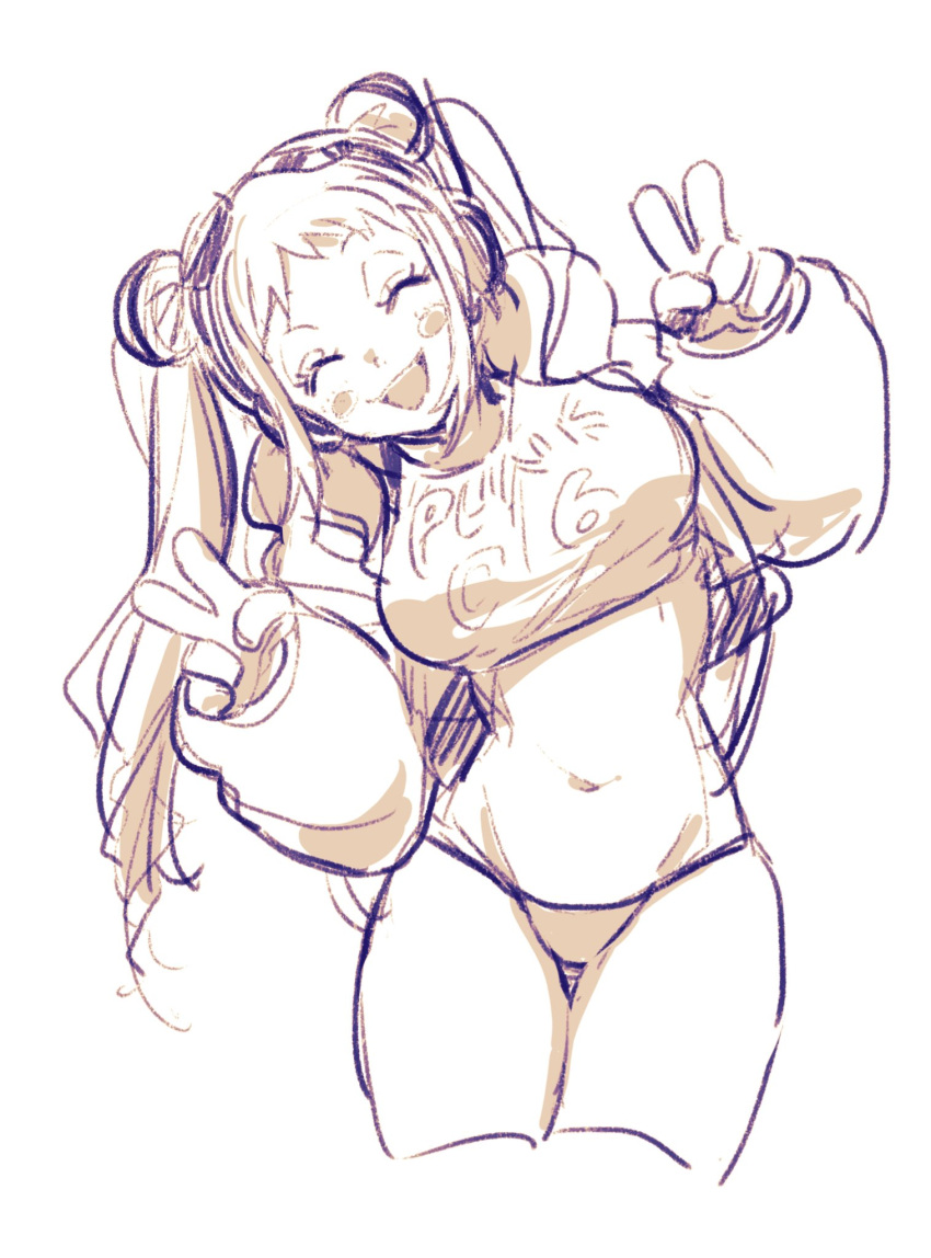 1girl, af60489, closed_eyes, double_v, highres, navel, one_piece, open_mouth, simple_background, smile, solo, standing, stomach, thighs, v, vegapunk_york