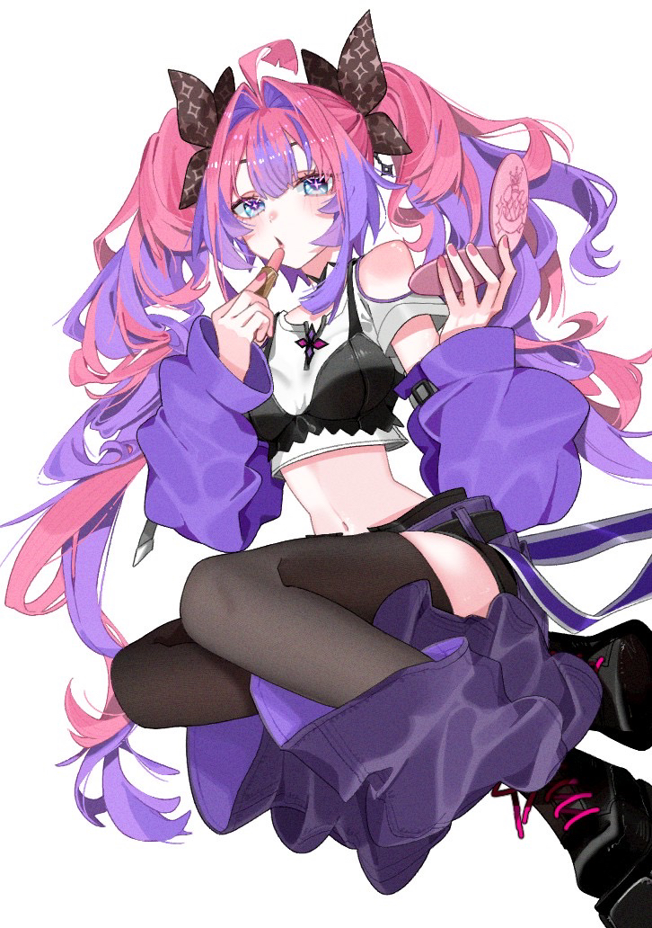 1girl, aoi_(zelda0616), black_bow, black_chaps, black_shoes, bow, bra_over_clothes, cosmetics, hair_bow, holding, holding_lipstick_tube, hololive, hololive_dev_is, kikirara_vivi, leg_warmers, lipstick_tube, long_hair, looking_at_viewer, multicolored_hair, nail_polish, open_mouth, pink_hair, pink_nails, purple_hair, purple_leg_warmers, shirt, shoes, solo, streaked_hair, twintails, very_long_hair, violet_eyes, white_shirt