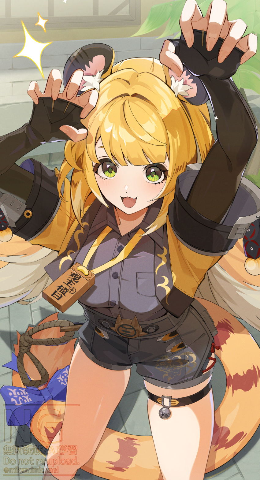 1girl, absurdres, animal_ears, arms_up, black_gloves, blonde_hair, collared_shirt, elbow_gloves, fang, fingerless_gloves, gloves, green_eyes, highres, jacket, ju_fufu, long_hair, looking_at_viewer, mikami_michael, open_clothes, open_jacket, open_mouth, outdoors, shirt, shirt_tucked_in, short_shorts, short_sleeves, shorts, smile, socks, solo, standing, tail, thigh_strap, tiger_ears, tiger_girl, tiger_tail, white_socks, zenless_zone_zero