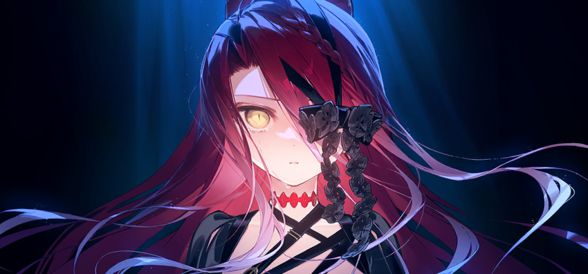 1girl, blue_background, choker, crying, fate/grand_order, fate_(series), floating_hair, game_cg