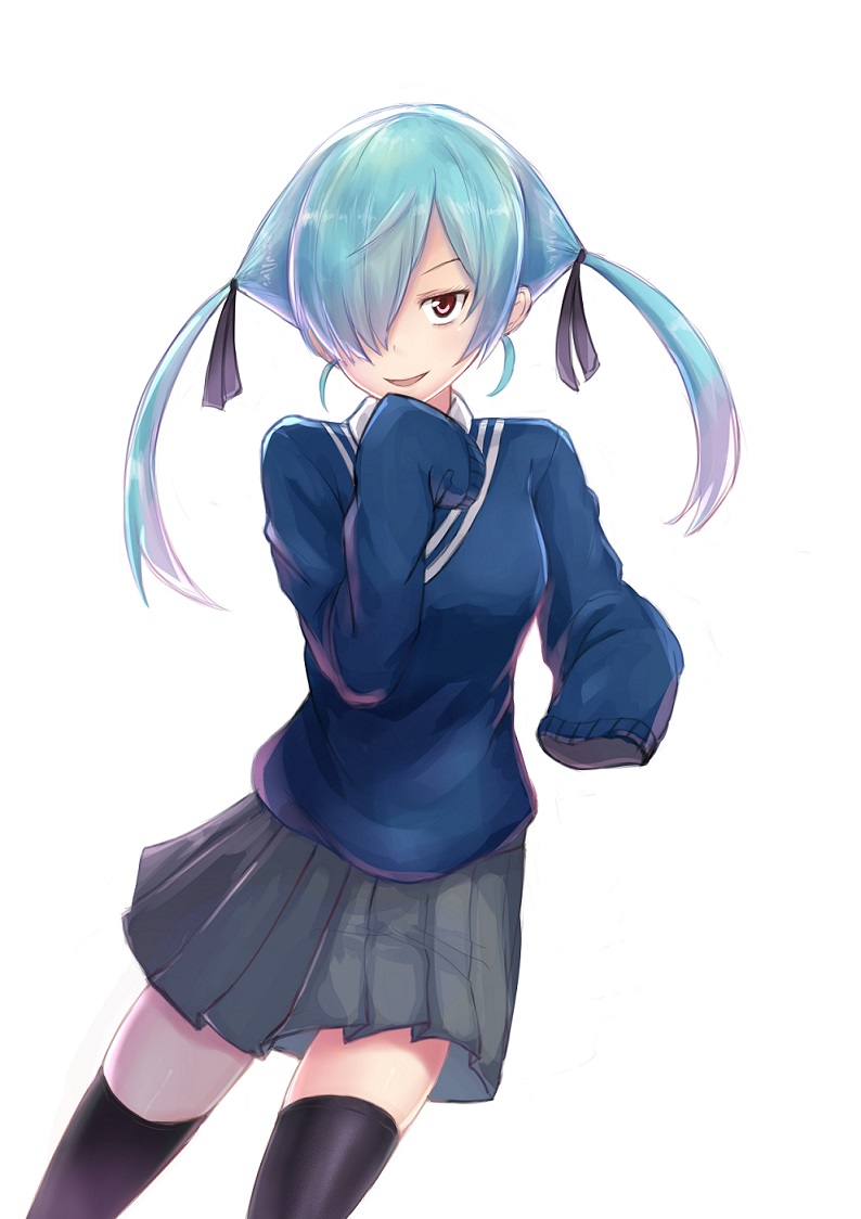 1girl, black_ribbon, black_thighhighs, blue_hair, blue_sweater_vest, cowboy_shot, grey_skirt, hair_over_one_eye