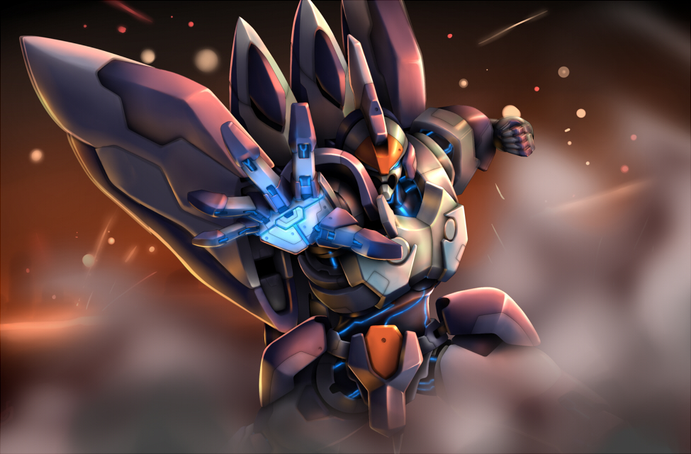fire, foreshortening, kosagi_(mitsu_03), mecha, reaching, smoke, weltall, xenogears