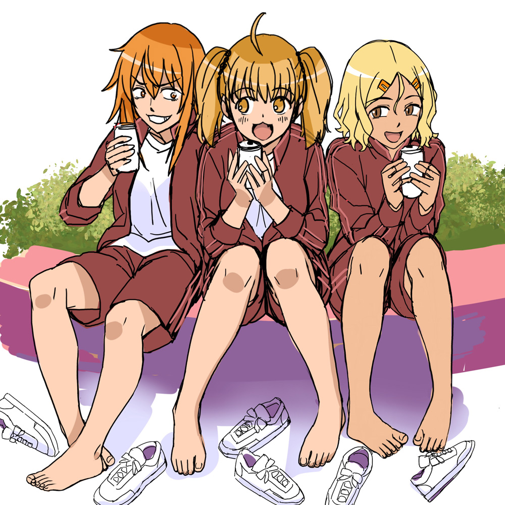 3girls, :d, ahoge, barefoot, blonde_hair, brown_eyes, can, drink_can