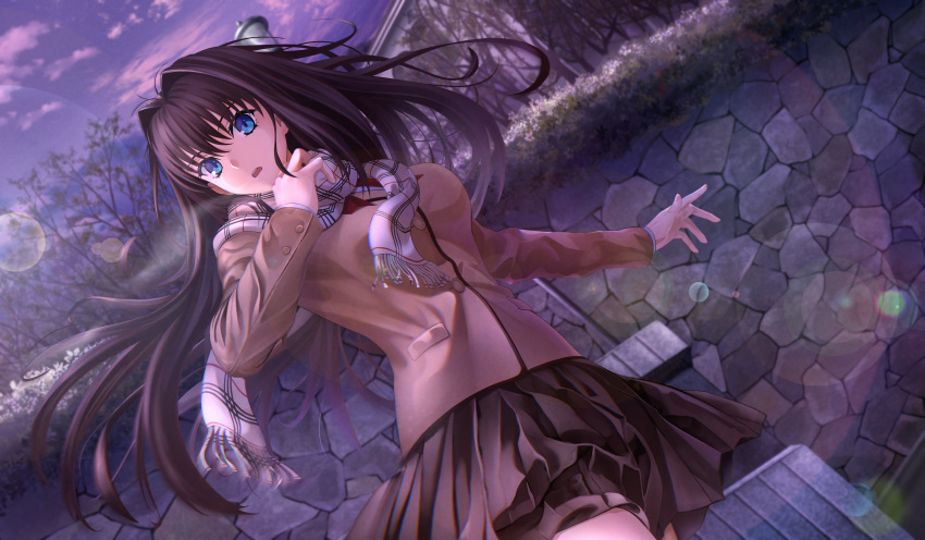 1girl, absurdres, aozaki_aoko, blue_eyes, breasts, brown_hair, hair_intakes, harukey, highres, jacket, large_breasts, long_hair, looking_at_viewer, mahou_tsukai_no_yoru, private_misaki_high_school_uniform, scarf, school_uniform, skirt, solo