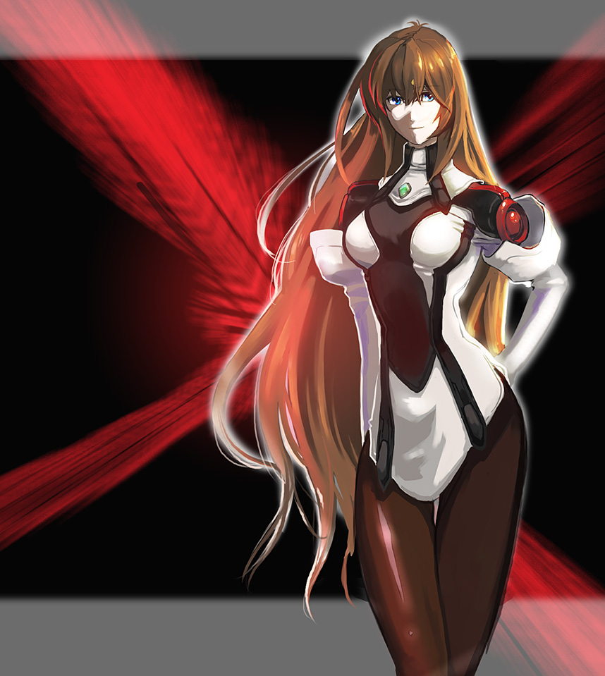 1girl, black_background, blue_eyes, brown_legwear, elhaym_van_houten, long_hair, orange_hair, pantyhose