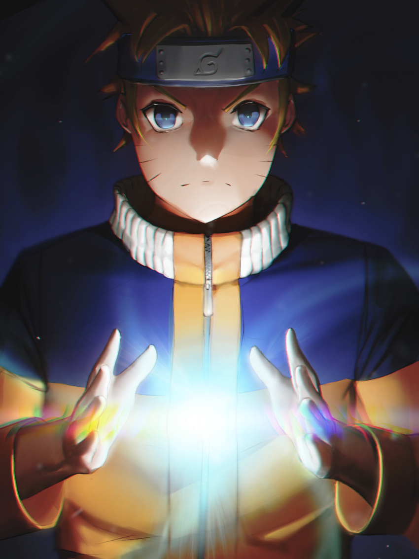 1boy, absurdres, blonde_hair, blue_background, blue_eyes, blue_jacket, closed_mouth, commentary