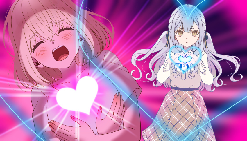 2girls, bang_dream!, bang_dream!_it's_mygo!!!!!, black_ribbon, blonde_hair, blue_hair, bob_cut, brown_skirt