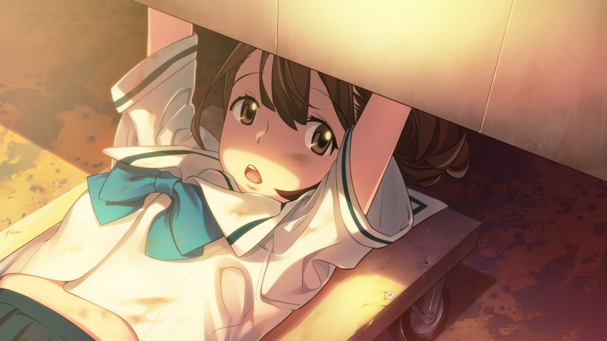 1girl, blue_bow, blue_skirt, blue_stripes, bow, brown_eyes, brown_hair, chest_bow