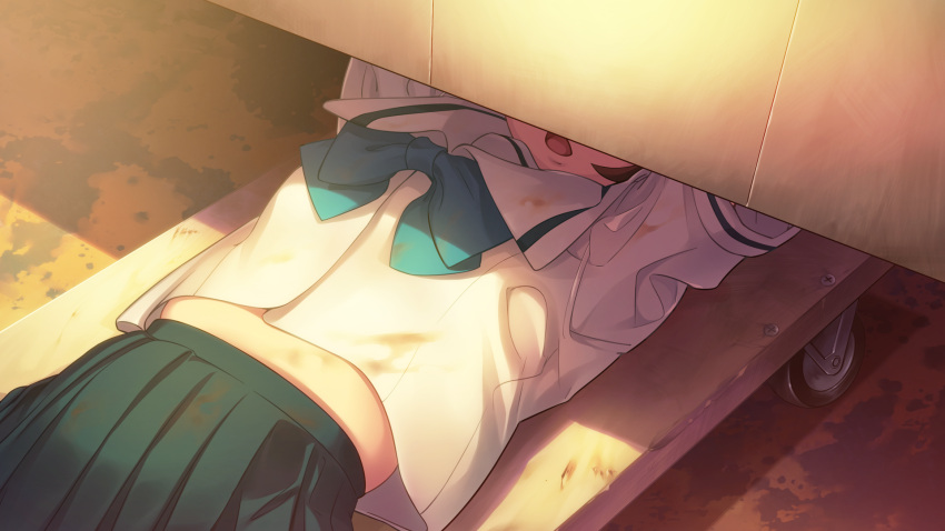 1girl, blue_bow, blue_skirt, bow, brown_hair, chest_bow, chuo_tanegashima_high_school_uniform, dirty