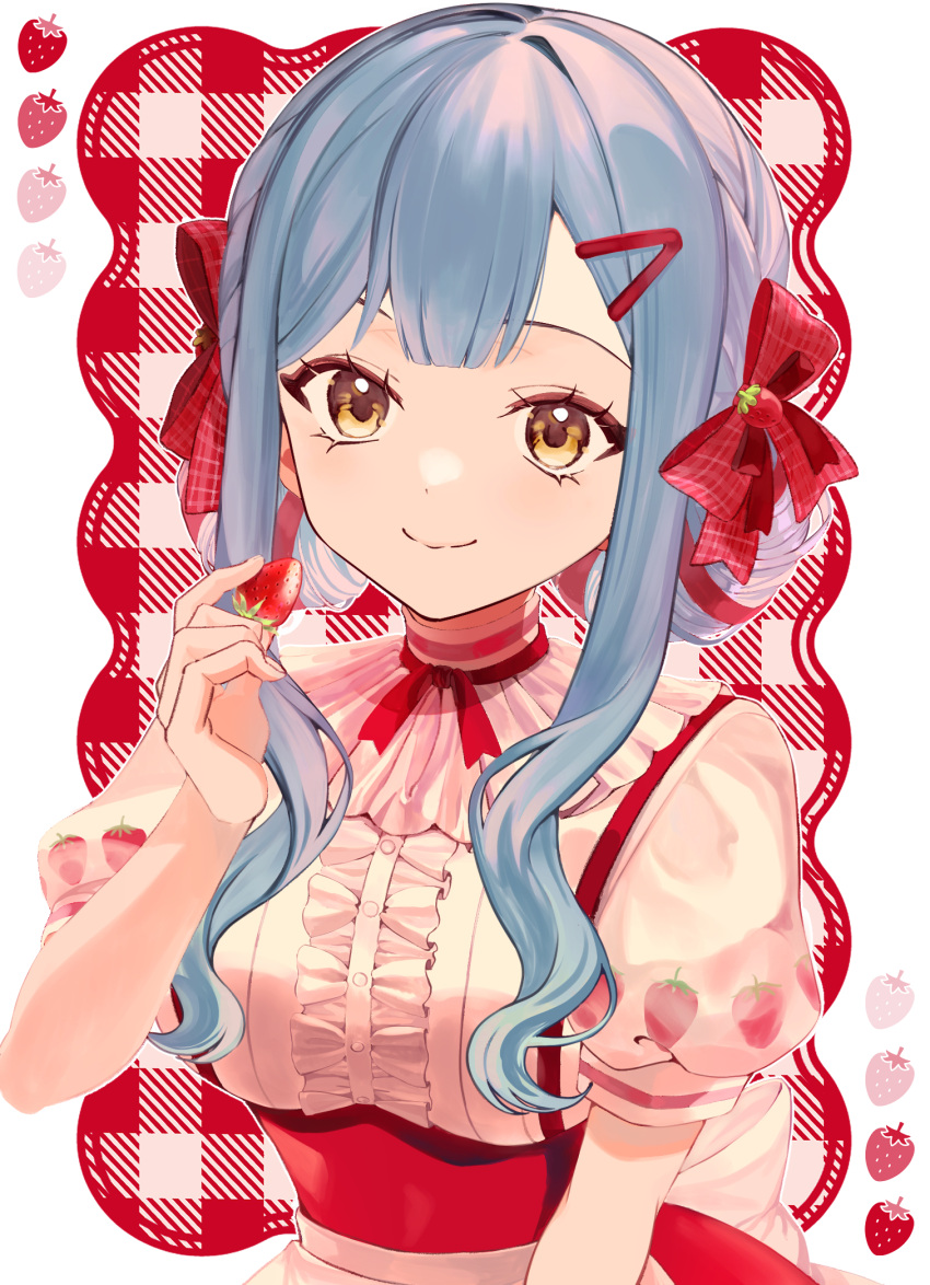 1girl, apron, arm_at_side, back_bow, bang_dream!, bang_dream!_it's_mygo!!!!!, blue_hair, bow, breasts, buttons, ccc_cloudy, center_frills, closed_mouth, commentary_request, curly_sidelocks, dirndl, double_bun, food, food-themed_hair_ornament, food_print, frills, fruit, fruit_print, german_clothes, hair_bow, hair_bun, hair_ornament, hand_up, highres, holding, holding_food, holding_fruit, long_sidelocks, looking_at_viewer, medium_breasts, neck_ribbon, official_alternate_costume, official_alternate_hairstyle, plaid_background, puffy_short_sleeves, puffy_sleeves, red_background, red_bow, red_ribbon, ribbon, short_sleeves, sidelocks, smile, solo, strawberry, strawberry_hair_ornament, strawberry_print, suspenders, sweets_paradise, swept_bangs, togawa_sakiko, underbust, upper_body, waist_apron, wavy_sidelocks, white_apron, yellow_eyes