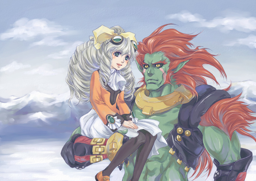 1girl, aoba-k, carrying, drill_hair, green_eyes, height_difference, maria_balthasar, pantyhose, red_hair, ricardo_banderas, silver_hair, size_difference, xenogears, yellow_eyes