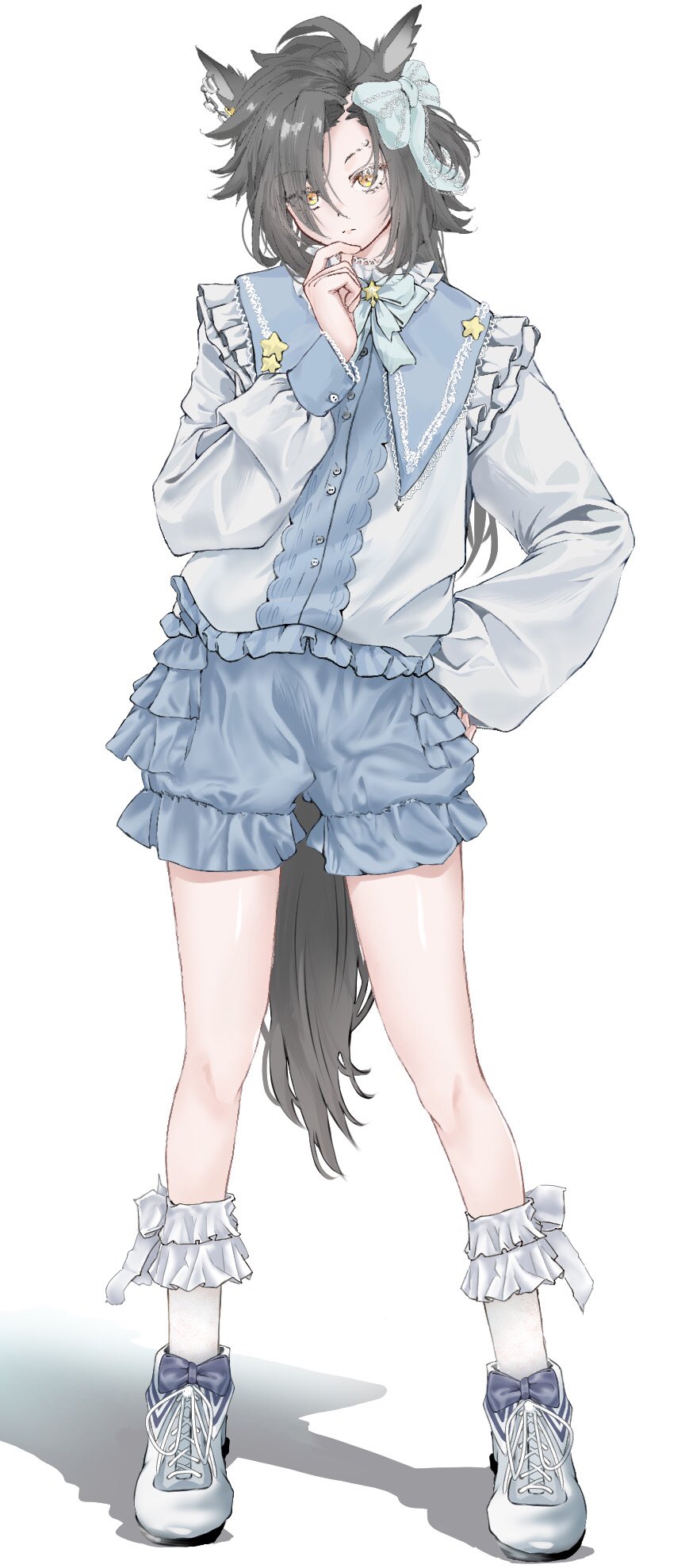 ahoge, air_shakur_(umamusume), animal_ears, black_hair, blue_sailor_collar, blue_shoes, blue_sweater, bow, bow_legwear, bowtie, buttoned_cuffs, buttons, ear_chain, ear_ornament, eyebrow_piercing, face_piercing, frilled_shirt_collar, frilled_shorts, frilled_sleeves, frilled_socks, frills, full_body, furawi, hair_bow, hand_on_own_chin, hand_on_own_hip, head_tilt, highres, horse_ears, horse_girl, horse_tail, knees, linked_piercing, long_hair, looking_at_viewer, patch, piercing, puffy_sleeves, sailor_collar, shadow, shaved_eyebrow, shoes, shorts, simple_background, sleeve_cuffs, socks, spiky_hair, standing, star_(symbol), sweater, tail, thinking, umamusume, white_background, white_sneakers, white_socks