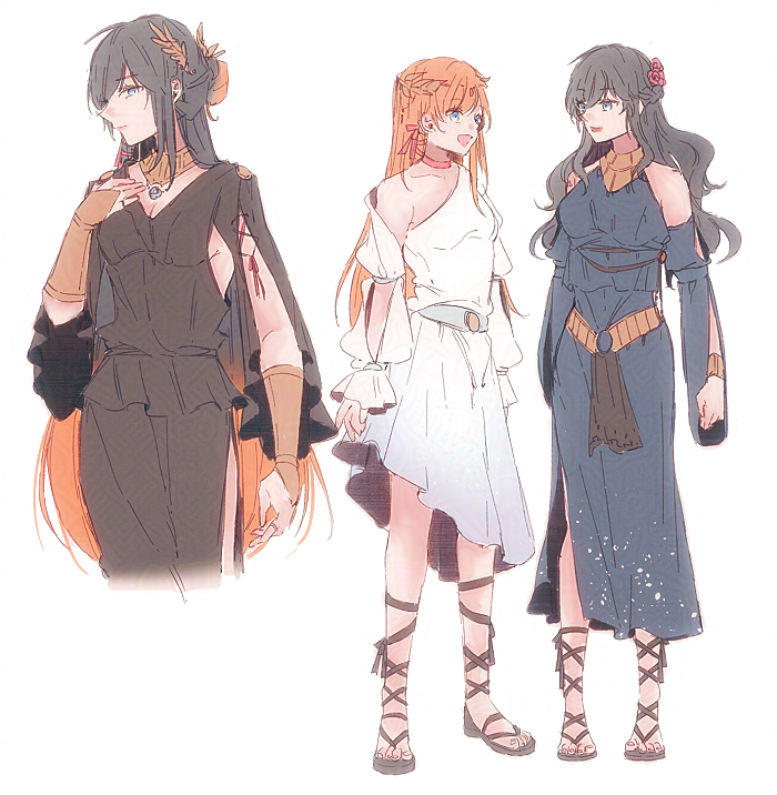 3girls, alternate_costume, ancient_greek_clothes, bare_shoulders, black_dress, black_hair, blue_dress, blue_eyes