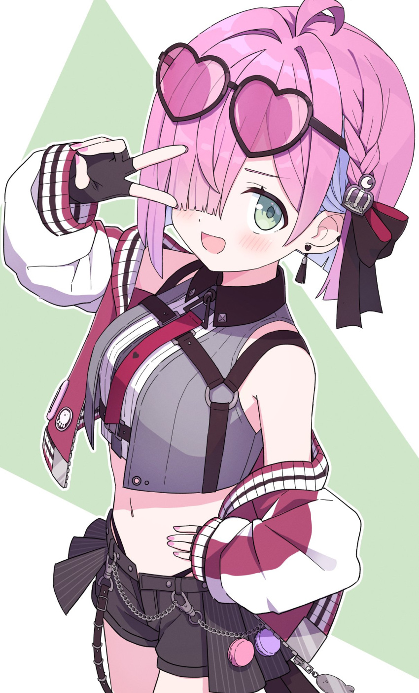 1girl, black_gloves, black_shorts, blush, crop_top, eyewear_on_head, fingerless_gloves, gloves, green_eyes, hair_over_one_eye, hand_on_own_hip, heart, heart-shaped_eyewear, highres, himemori_luna, himemori_luna_(streetwear), hololive, kaie, multicolored_hair, official_alternate_costume, official_alternate_hair_length, official_alternate_hairstyle, open_mouth, pink_hair, purple_hair, shorts, smile, solo, streaked_hair, sunglasses, virtual_youtuber
