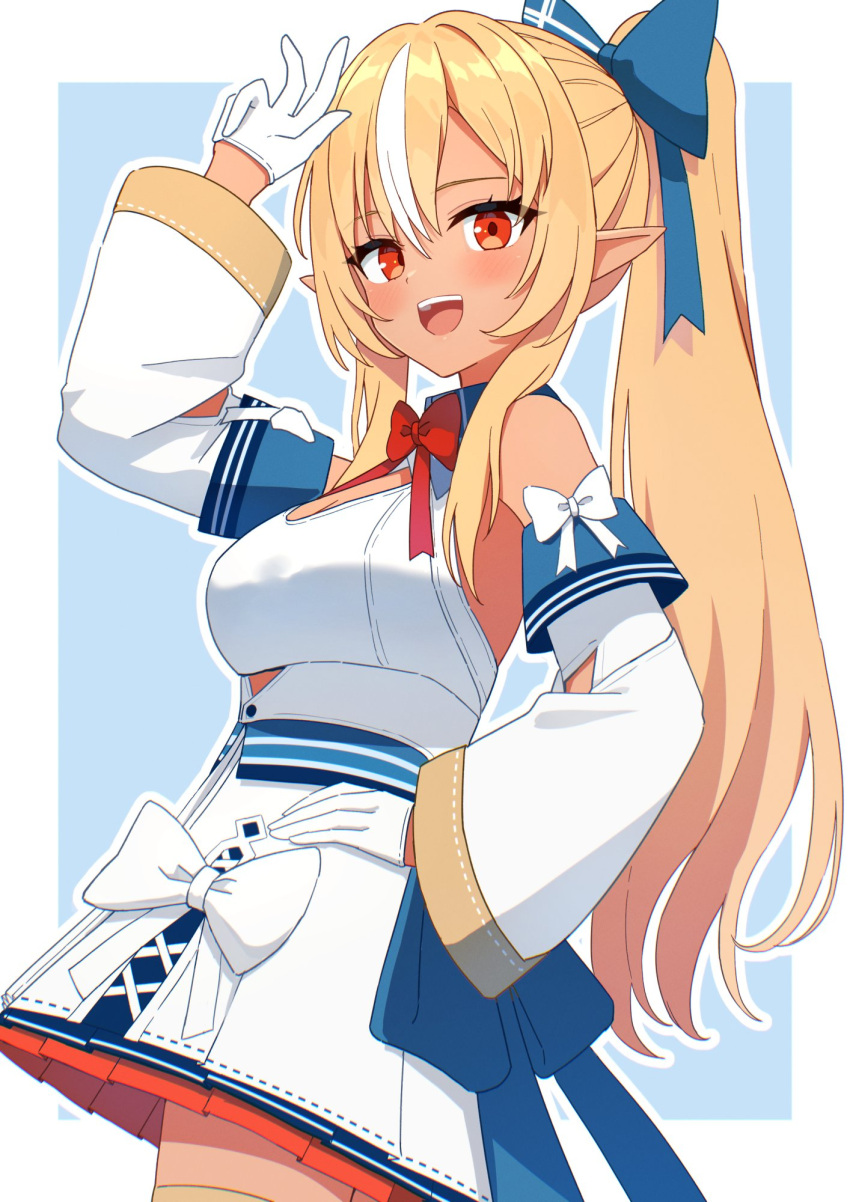 1girl, blonde_hair, blue_bow, bow, dark-skinned_female, dark_elf, dark_skin, dress, elbow_gloves, elf, gloves, hair_bow, hand_on_own_hip, highres, hololive, kaie, long_hair, multicolored_hair, open_mouth, pointy_ears, ponytail, red_eyes, shiranui_flare, shiranui_flare_(1st_costume), smile, solo, two-tone_hair, virtual_youtuber, white_dress, white_gloves, white_hair, white_sleeves