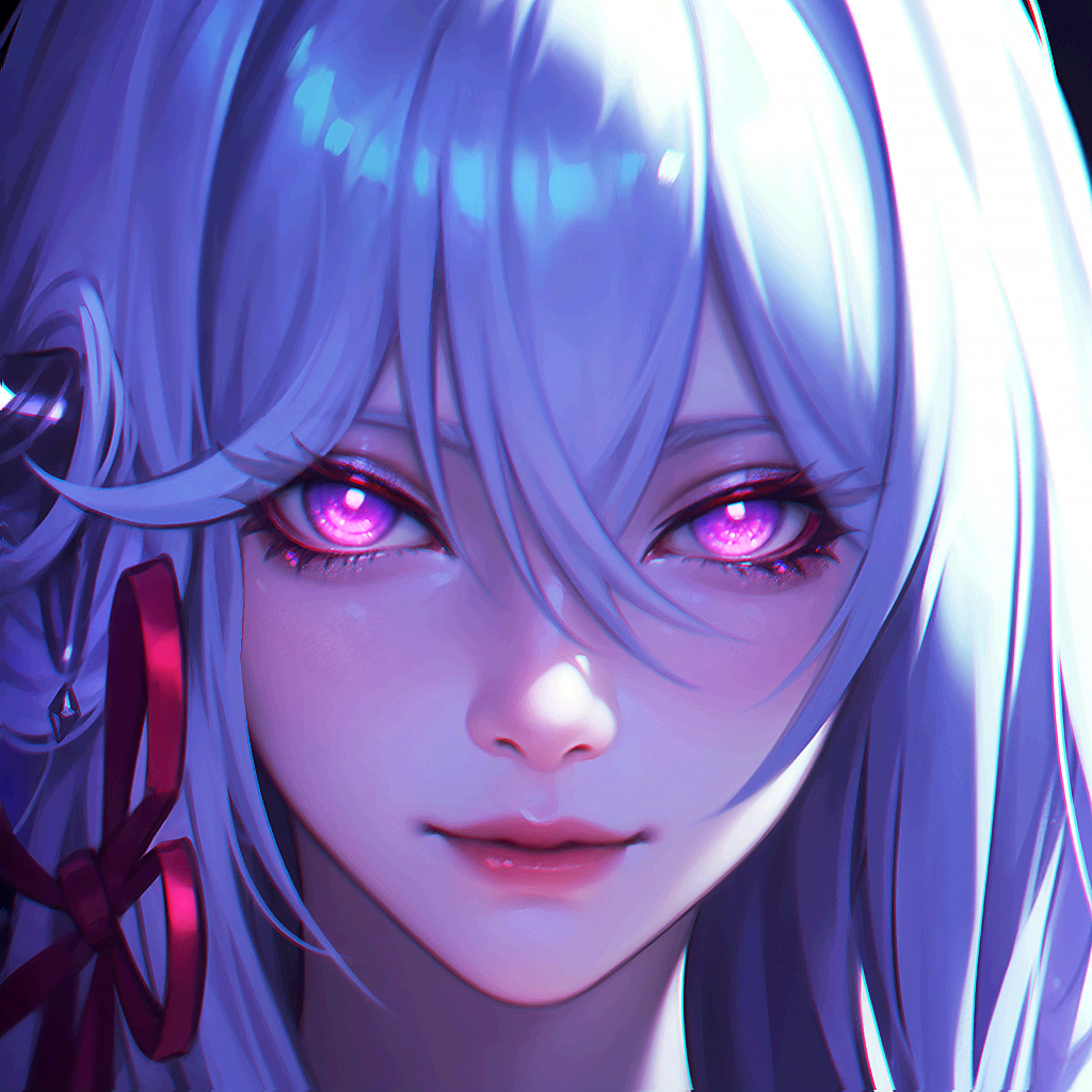 1girl, black_horns, bright_pupils, chromatic_aberration, closed_mouth, commentary_request, glowing, glowing_eyes, hair_between_eyes, hair_ribbon, honkai_(series), honkai_impact_3rd, horns, long_hair, looking_at_viewer, pink_lips, portrait, realistic, red_ribbon, ribbon, side_horns, single_horn, solo, thelema_nutriscu, violet_eyes, white_hair, white_pupils, wo_jiushi_kanbudong