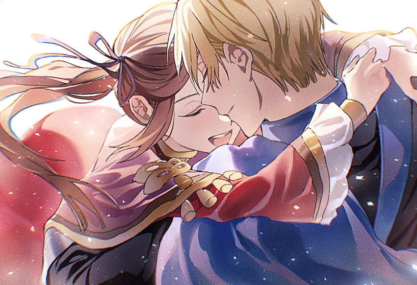 1boy, 1girl, aged_down, arm_around_shoulder, black_shirt, blonde_hair, blue_cape, brown_hair