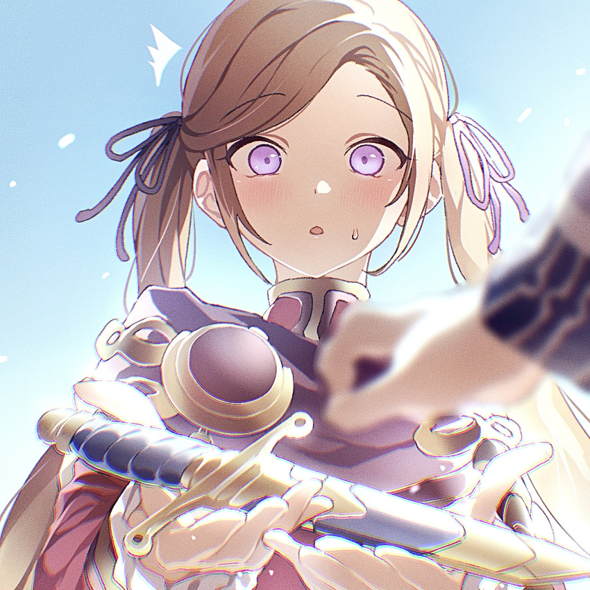 1boy, 1girl, :o, ^^^, aged_down, blue_sky, blush, brown_hair, dated_commentary, dimitri_alexandre_blaiddyd, dimitri_alexandre_blaiddyd_(young), dot_nose, edelgard_von_hresvelg, edelgard_von_hresvelg_(young), fire_emblem, fire_emblem:_three_houses, highres, holding, holding_sword, holding_weapon, out_of_frame, raised_eyebrows, sky, solo_focus, soma_otakuu, surprised, sweat, sword, twintails, violet_eyes, weapon