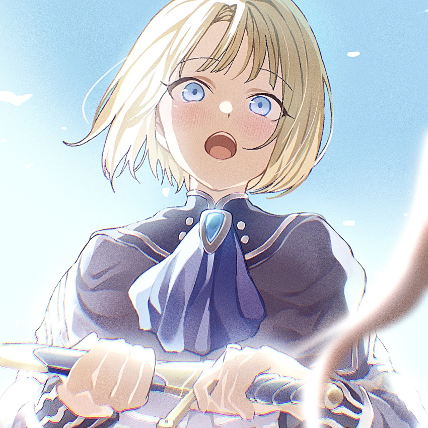 1boy, 1girl, aged_down, ascot, blonde_hair, blue_ascot, blue_eyes, blue_sky