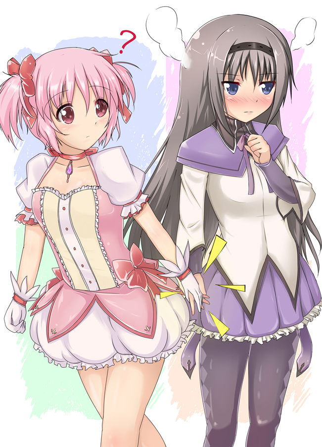 2girls, ?, akemi_homura, bentoss_detritus, black_hair, blush, bow, bubble_skirt, choker, gloves, hair_ribbon, hairband, hand_holding, holding_hands, kaname_madoka, long_hair, magical_girl, mahou_shoujo_madoka_magica, multiple_girls, pantyhose, pink_eyes, pink_hair, pleated_skirt, puffy_sleeves, purple_eyes, ribbon, short_twintails, skirt, steam, twintails, violet_eyes, yuri