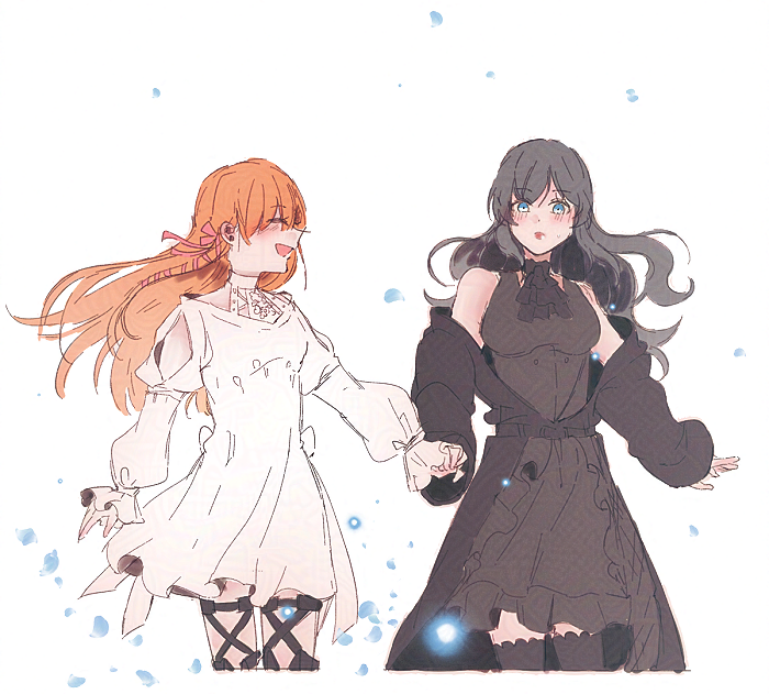 2girls, ascot, bare_shoulders, black_coat, black_dress, black_hair, blue_eyes, clothing_cutout
