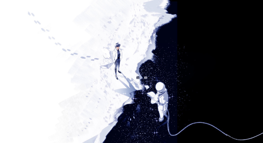 2boys, absurdres, astronaut, black_hair, black_shirt, coat, faceless, footprints