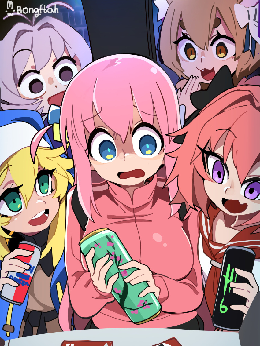 1other, 2boys, 2girls, absurdres, animal_ear_fluff, animal_ears, antenna_hair, arizona_(drink), artist_name, astolfo_(fate), bocchi_the_rock!, bongfill, breasts, bridget_(guilty_gear), brown_hair, can, commentary, crossover, cube_hair_ornament, fang, fate_(series), felix_argyle, gotoh_hitori, guilty_gear, guitar_case, hair_between_eyes, hair_intakes, hair_ornament, hand_up, highres, holding, holding_can, instrument_case, jacket, komi-san_wa_komyushou_desu, large_breasts, long_sleeves, looking_at_another, multiple_boys, multiple_crossover, no_pupils, one_side_up, open_mouth, osana_najimi_(komi-san_wa_komyushou_desu), otoko_no_ko, pink_hair, pink_jacket, purple_hair, re:zero_kara_hajimeru_isekai_seikatsu, red_sailor_collar, sailor_collar, shaded_face, shirt, skin_fang, symbol-only_commentary, thick_eyebrows, track_jacket, v-shaped_eyebrows, white_shirt