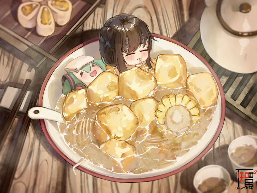 1girl, absurdres, black_hair, blush, chibi, chinese_food, closed_eyes, cup, eating, food, fuwapuchi, hatsune_miku, highres, in_food, mansui_(the_hungry_lamb), medium_hair, on_table, plate, table, the_hungry_lamb:_traveling_in_the_late_ming_dynasty, towel, towel_on_head, unaware_min, wooden_table