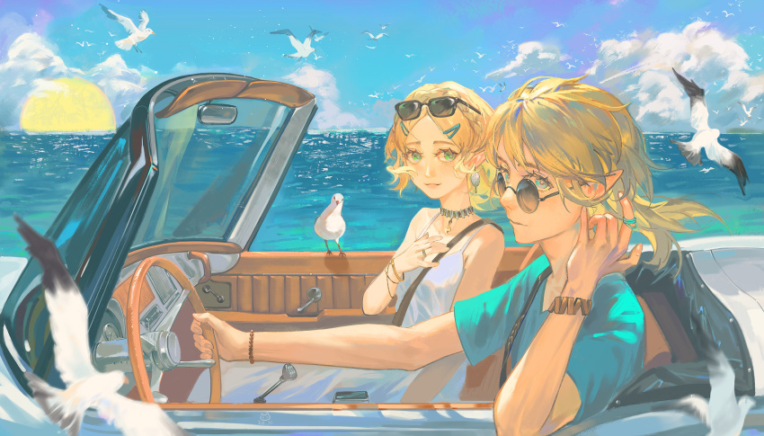 1boy, 1girl, aqua_shirt, bird, blonde_hair, blue_eyes, blue_sky, braid