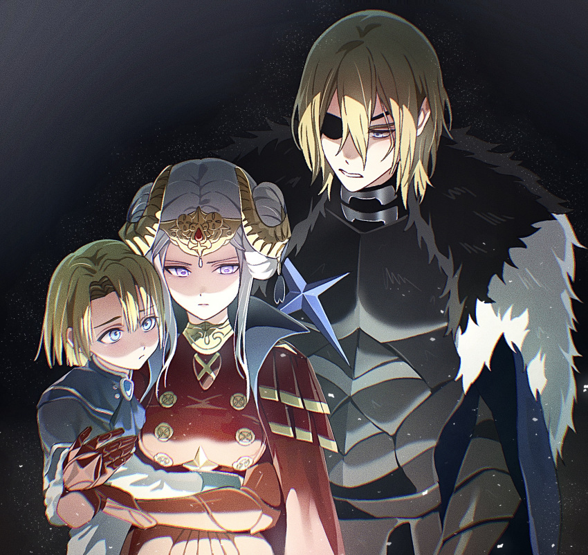 1girl, 2boys, aged_down, armor, armored_gloves, black_armor, black_fur, blonde_hair