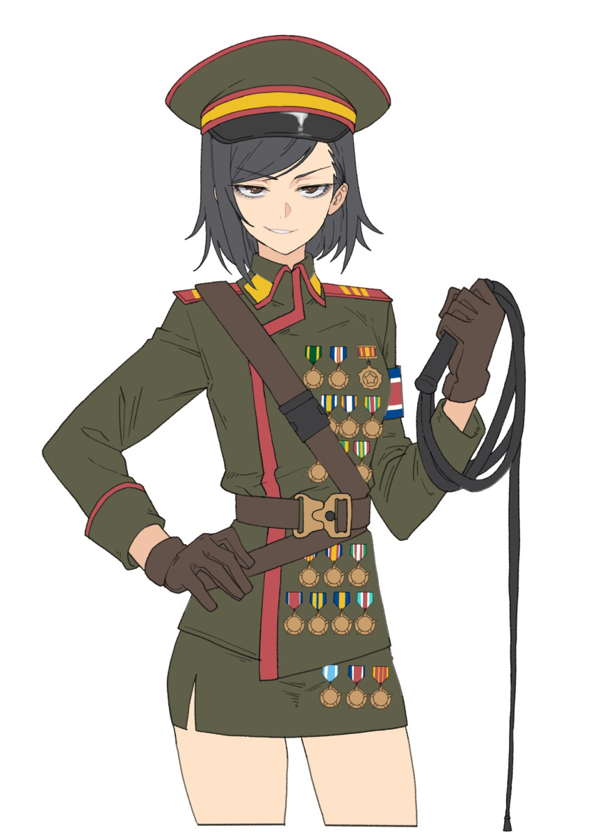 1girl, armband, black_hair, brown_eyes, brown_gloves, commentary, cropped_legs, english_commentary