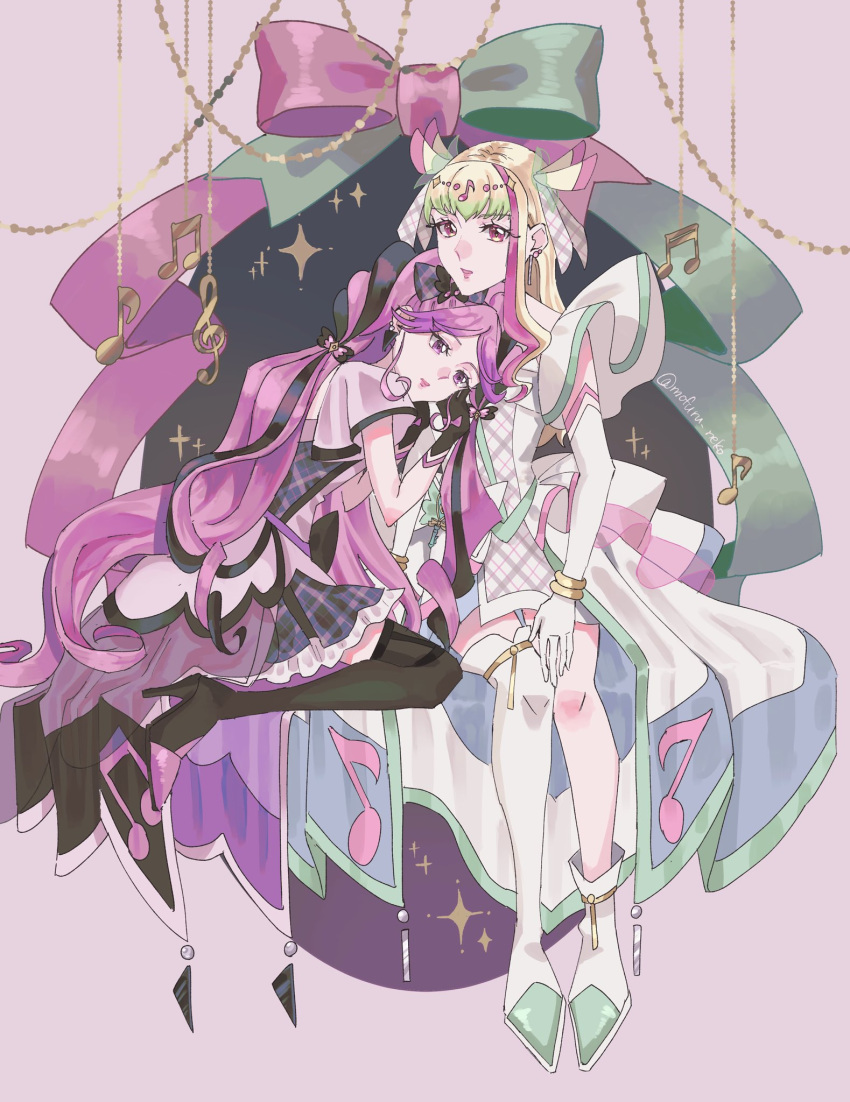 2girls, back_ribbon, black_hair, black_socks, blonde_hair, blunt_bangs, boots, bracelet