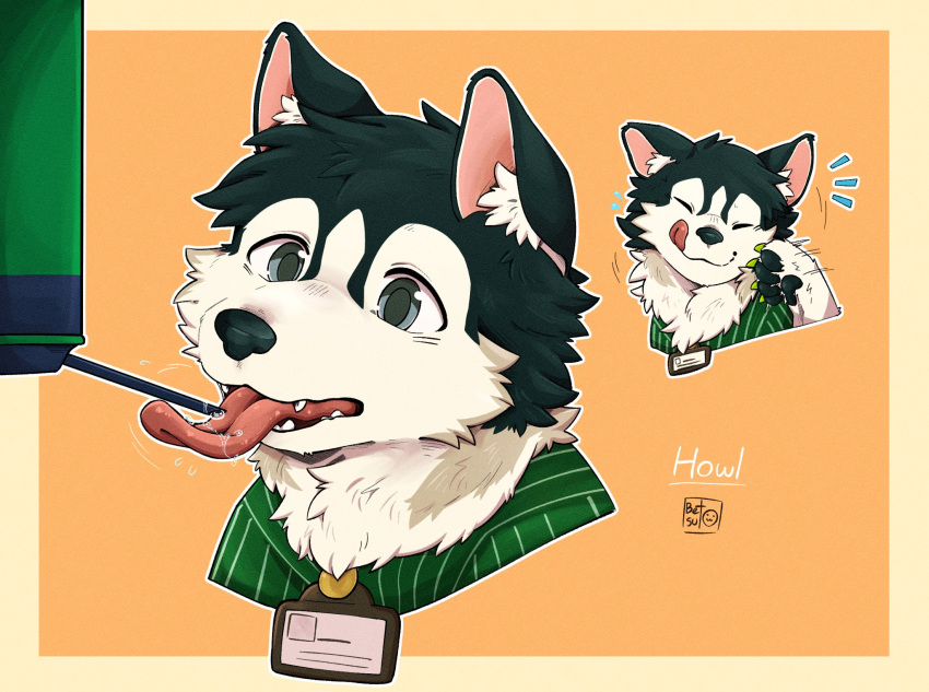 1boy, animal_ears, artist_name, betsuto_39, black_fur, dog_boy, dog_ears, drinking