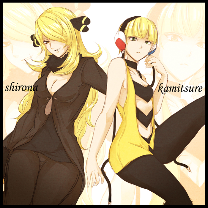 breasts, brown_eyes, cleavage, green_eyes, hair_ornament, hair_over_one_eye, hamming, headphones, hips, kamitsure_(pokemon), navel, pantyhose, pokemon, pokemon_(game), pokemon_black_and_white, pokemon_bw, pokemon_dppt, shirona_(pokemon), under_boob, underboob, wide_hips