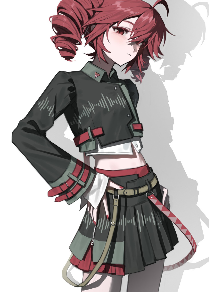 1girl, ahoge, belt, black_shirt, black_skirt, blush, brown_belt, closed_mouth