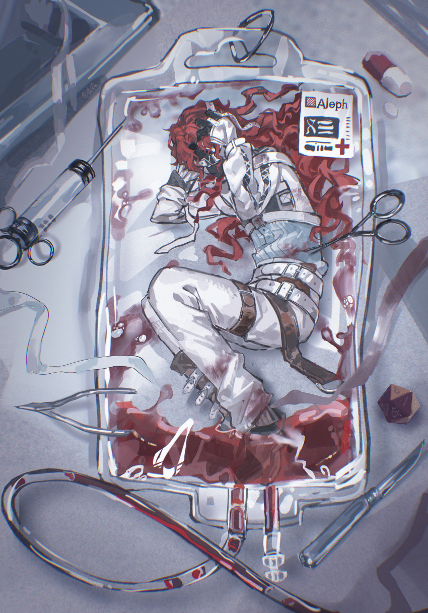 1boy, absurdres, aleph_(reverse:1999), bag, black_mask, blood, blood_bag, character_name