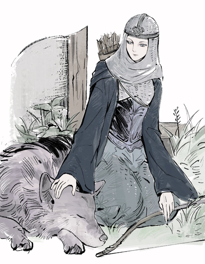 1girl, animal, armor, black_shirt, blue_eyes, bow_(weapon), chainmail, circlet