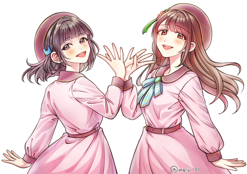 2girls, 4th_live_dream_~bloom_the_dream_believers~, :d, animification, beret, black_hair, blue_ribbon, blunt_bangs