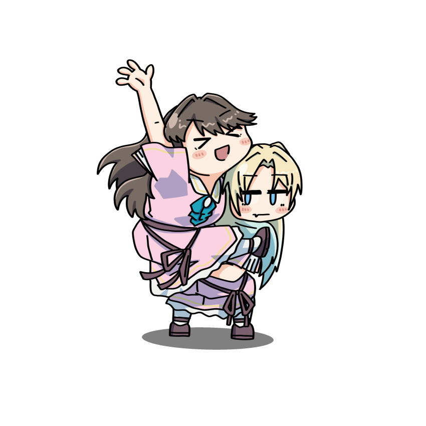 >_<, 2girls, 4th_live_dream_~bloom_the_dream_believers~, :d, absurdres, arm_up, blonde_hair, blue_eyes