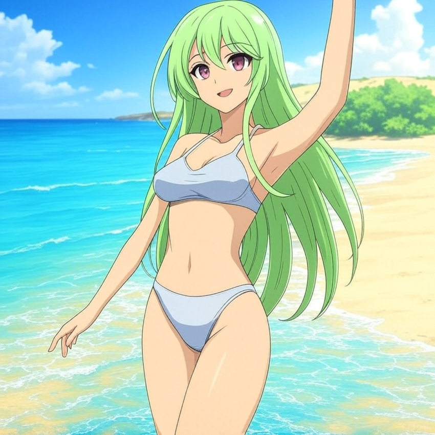 1girl, ai-generated, bandeau, beach, blue_sky, dark-skinned_female, dark_skin, grass