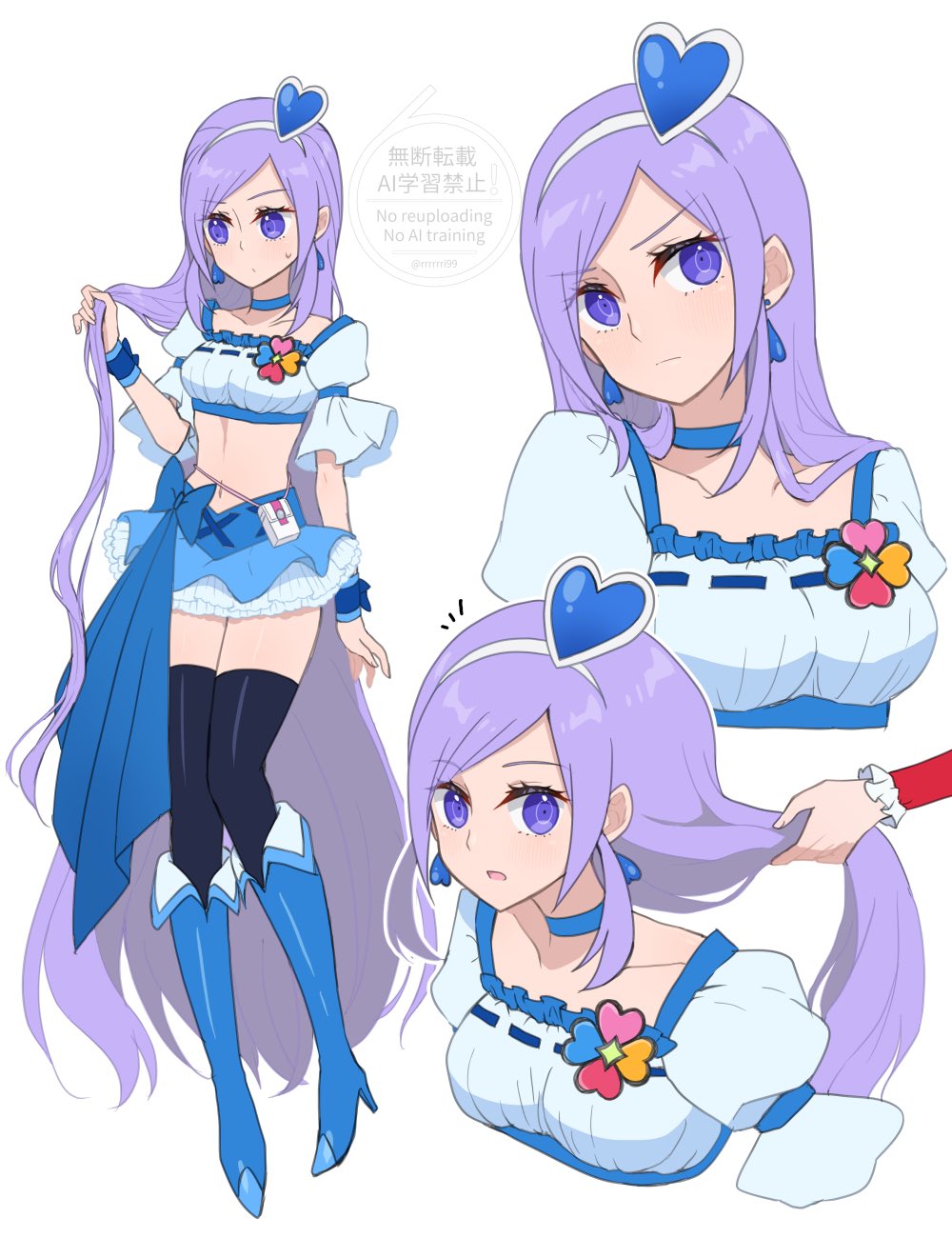 1girl, alternate_hairstyle, aono_miki, black_thighhighs, blue_choker, blue_skirt, blue_wrist_cuffs, blush