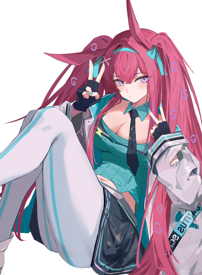 1girl, absurdres, animal_ears, arknights, black_gloves, black_necktie, black_skirt, breasts, closed_mouth, fingerless_gloves, gloves, hairband, highres, long_hair, looking_at_viewer, necktie, nekomatamago, official_alternate_costume, pink_hair, rabbit_ears, ray_(arknights), ray_(dreaming_high)_(arknights), skirt, solo, very_long_hair, violet_eyes