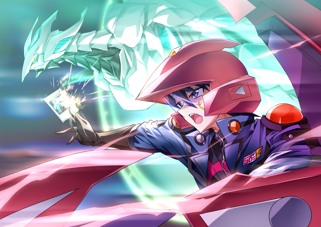 1boy, assault_visor, black_hair, black_shirt, blue_jacket, blurry, blurry_background, card