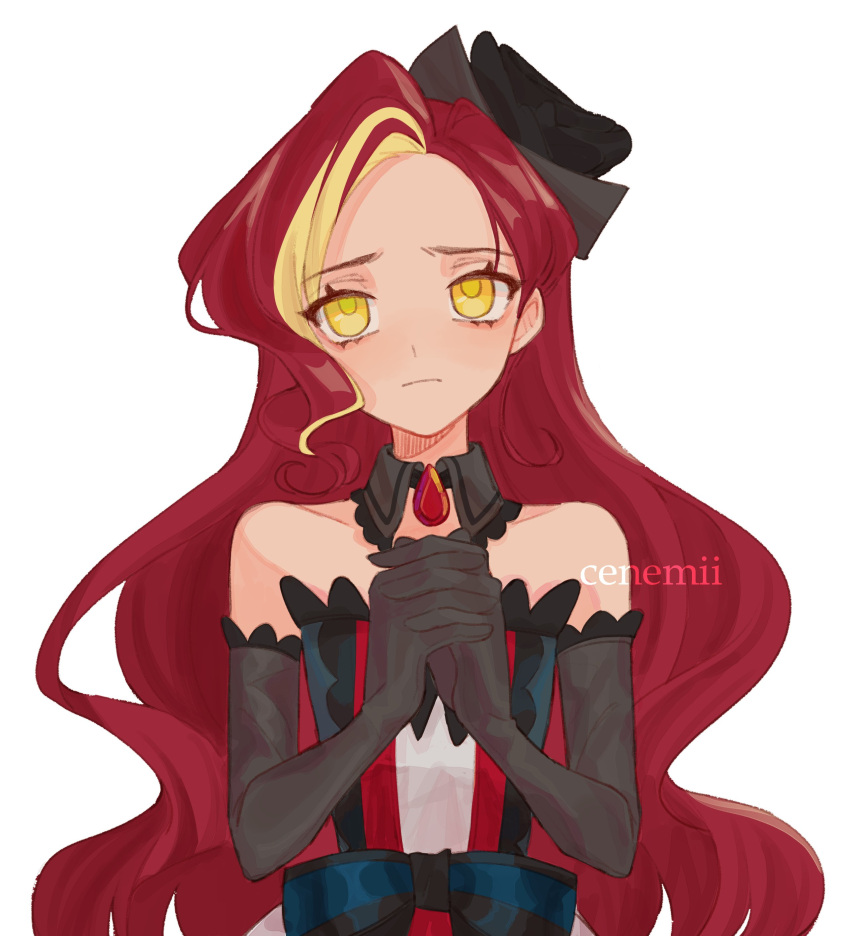 1girl, absurdres, bare_shoulders, black_dress, black_gloves, black_hat, cenemii, closed_mouth