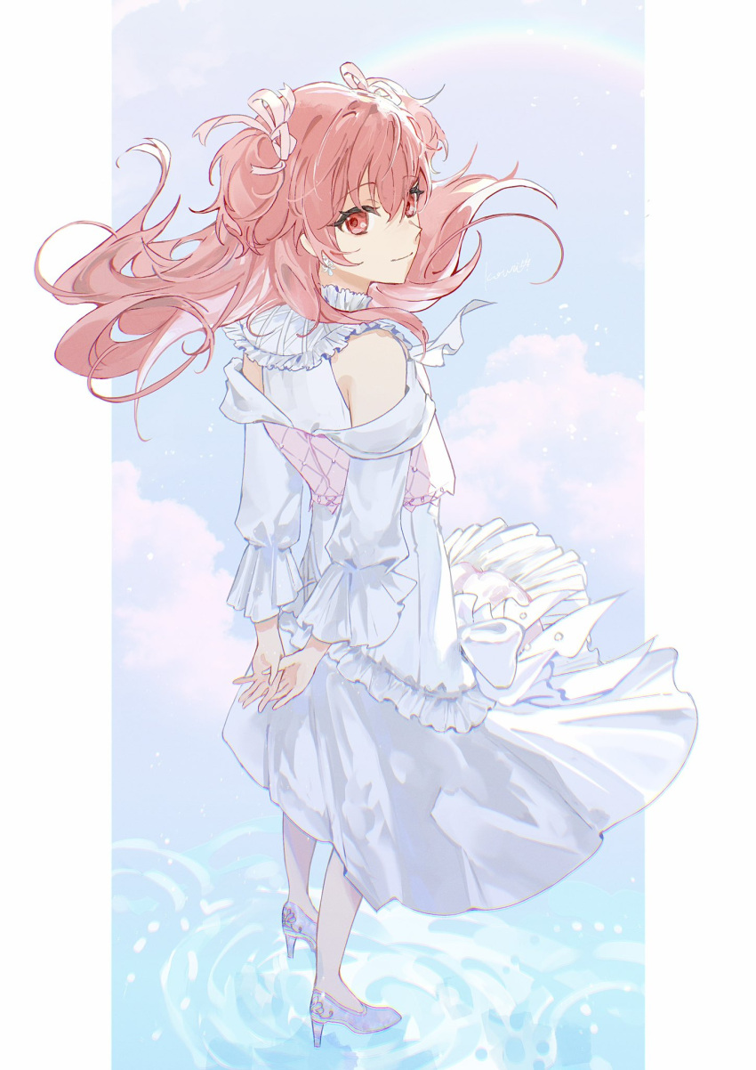 1girl, arms_behind_back, bow, choker, closed_mouth, clouds, dress, floating_hair