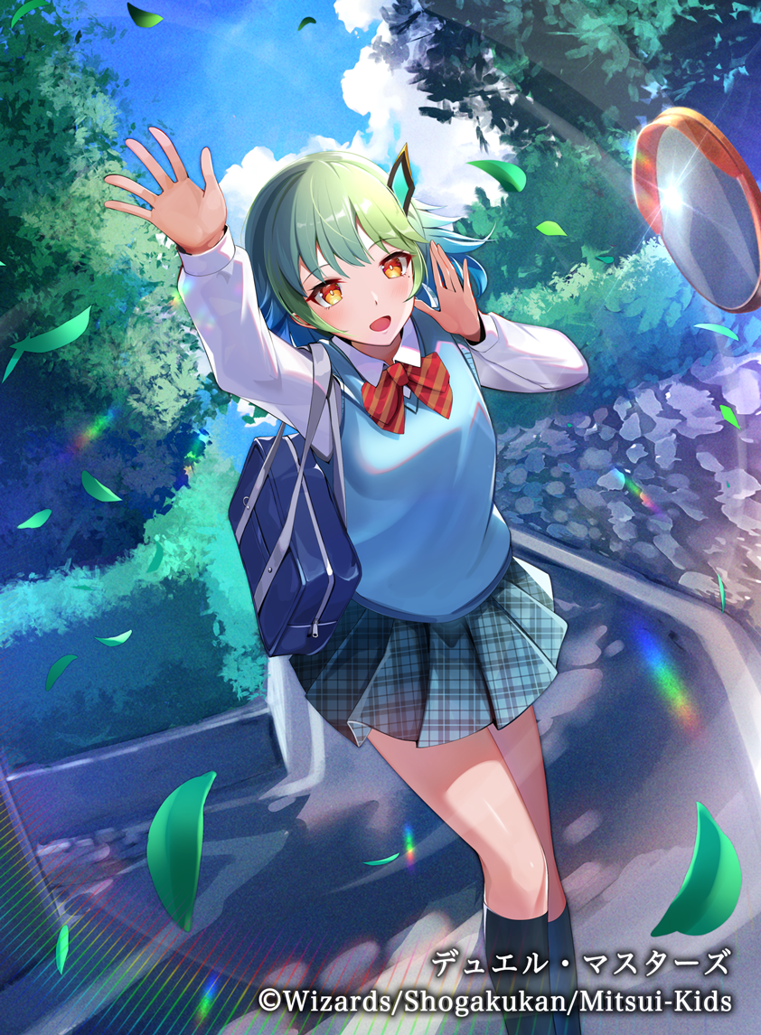 1girl, aqua_hair, bag, black_socks, blue_vest, breasts, colored_inner_hair, dragon_musume_ni_naritakunai!, duel_masters, green_hair, hair_ornament, hairclip, kenko_(a143016), leaf, long_sleeves, looking_at_viewer, mole, mole_under_eye, multicolored_hair, nagareboshi_asche, official_art, open_mouth, outdoors, plaid_clothes, plaid_skirt, red_ribbon, ribbon, road, school_bag, school_uniform, shirt, skirt, socks, solo, sweater_vest, traffic_mirror, vest, white_shirt, yellow_eyes